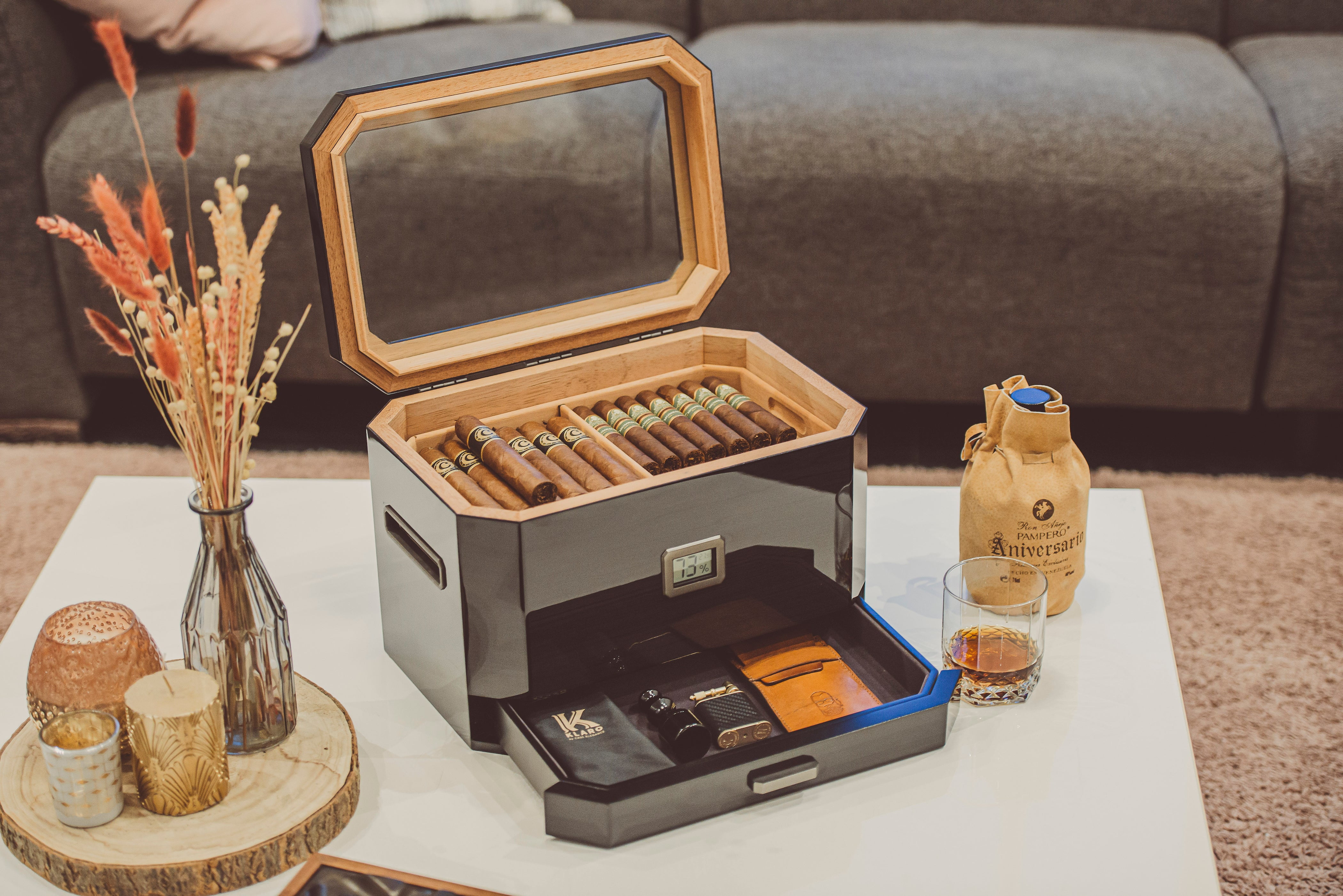 Octodor Large Black Piano Finish Glass Top Cedar Humidor Holds (50-100 Cigars) by Case Elegance