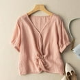 thumbnail image 2 of JGGSPWM Women Loose Fit Short Sleeve Cotton Linen Gauze V-Neck Button Down Casual Plus Size Blouses Tops Pink L, 2 of 5