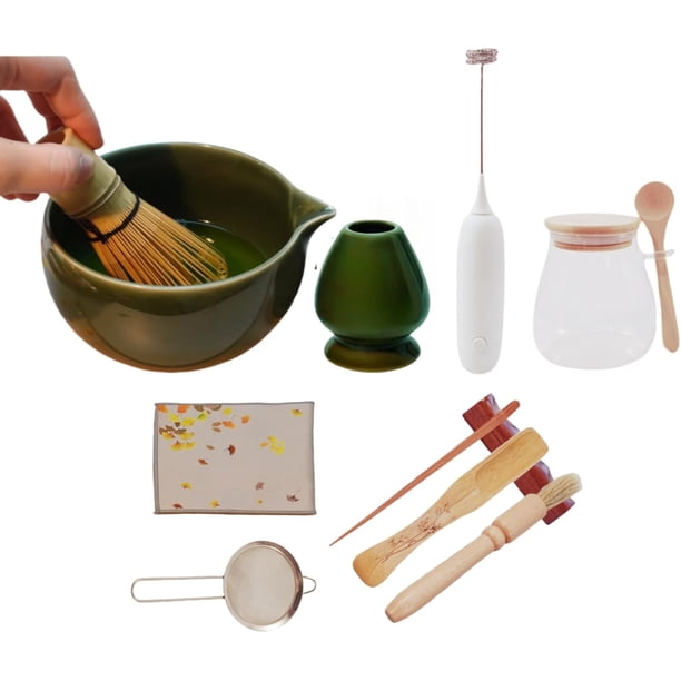 Juego de 11 batidores de matcha, kit para matcha, cuenco para matcha, tamiz, soporte para batidor de bambú, batidora eléctrica, espumador de mano, cuchara, cepillo, juego de té matcha, kit para