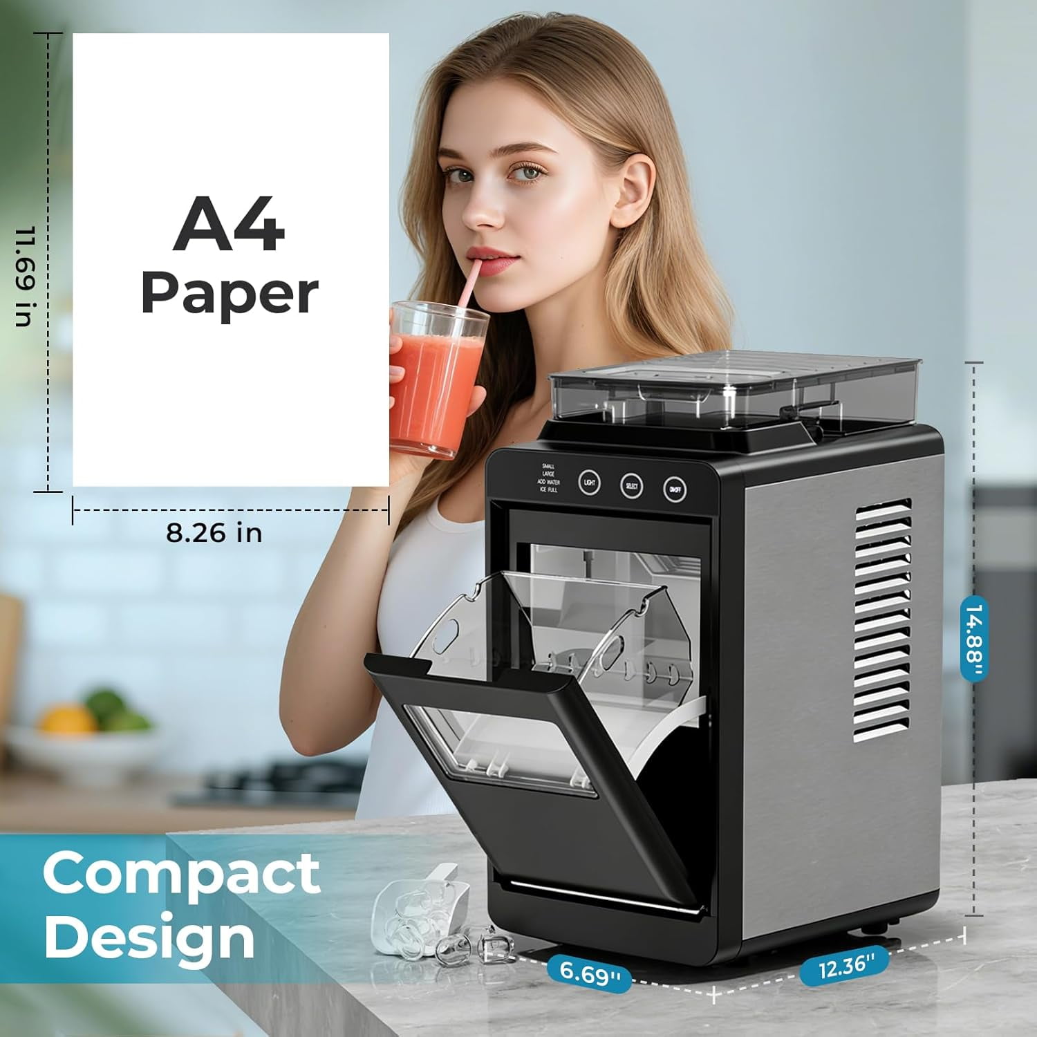 Countertop Ice Makers,26 Lbs/Day,8 Pcs in 6 Mins,Portable Ice Maker Machine with 1.2L Top Water Tank,Self-Cleaning,Interior Lighting,2 Sizes of Bullet Ice for Home/Office/Party/Kitchen/RV(Black)