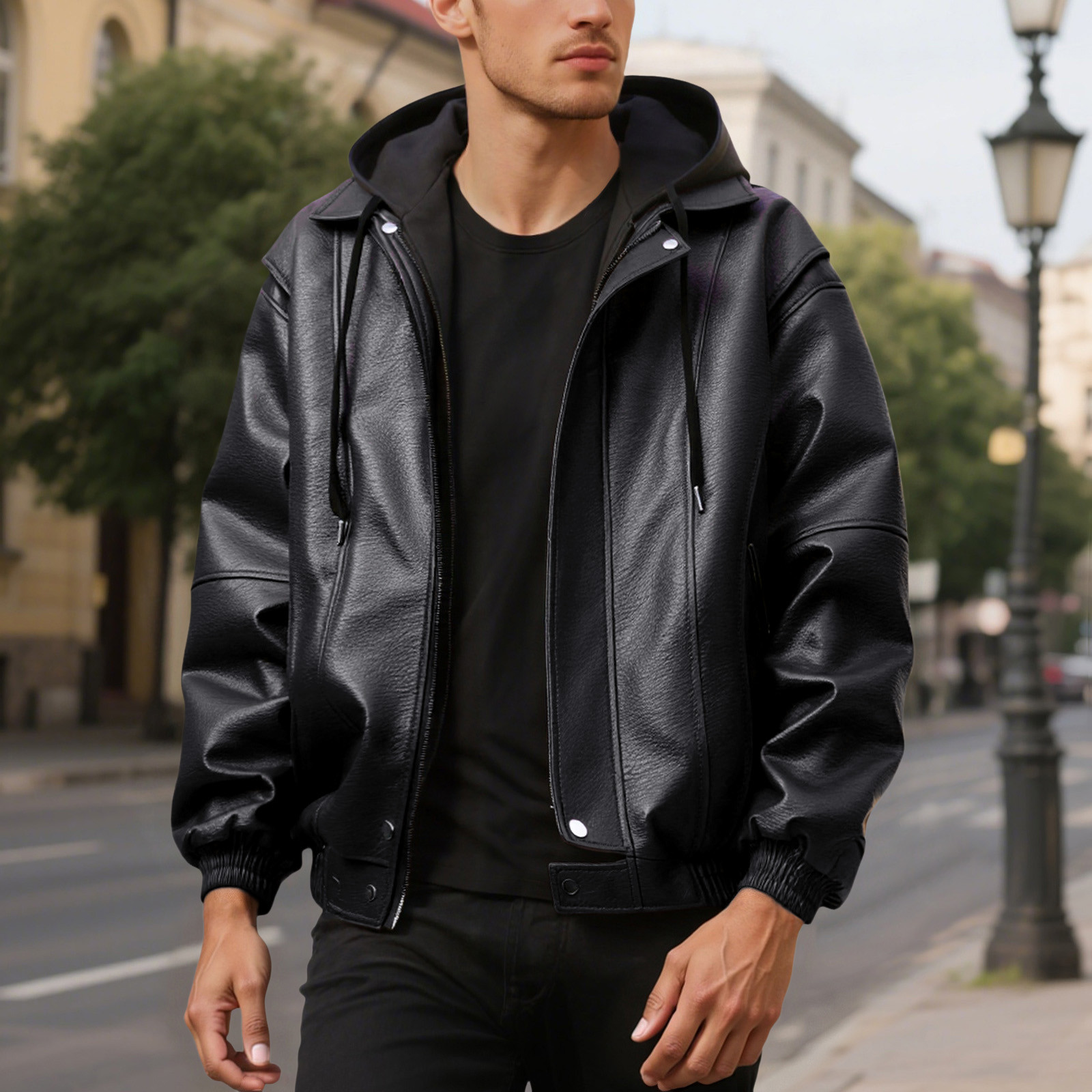 Wuxian Mens Casual Leather Jacket Slim Fit Full Zip Up Stand Collar Long Sleeve Lightweight Motorcycle Style Outerwear Coat With Pockets Stylish Cozy Daily Wear,Black,M