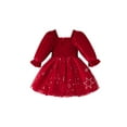 thumbnail image 1 of SUNSIOM Robe de Noël pour Petite Fille, Imprimé Étoile et Flocon de Neige, Encolure Carrée Froncée, Manches à Volants, Robe en Tulle pour l'Automne et l'Hiver, 1 of 7