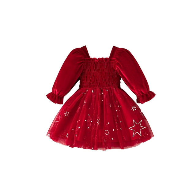 SUNSIOM Robe de Noël pour Petite Fille, Imprimé Étoile et Flocon de Neige, Encolure Carrée Froncée, Manches à Volants, Robe en Tulle pour l'Automne et l'Hiver