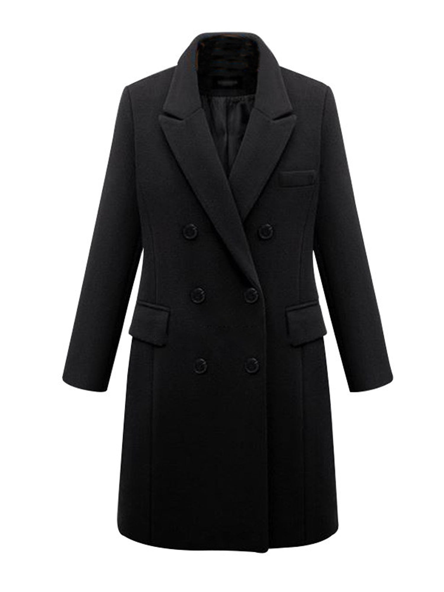 Womens Double Breasted Pea Coat Winter Lapel Wool Trench Jacket Slim Long Solid Parka Outwear Windbreak Plus Size 