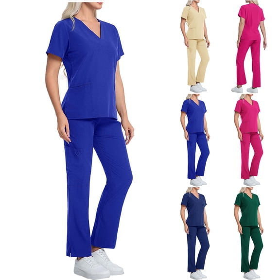 FNFYFH Scrub Sets for Woman Stretch V Neck Top and Bootcut Cargo Pants Nurse Uniform with Pockets