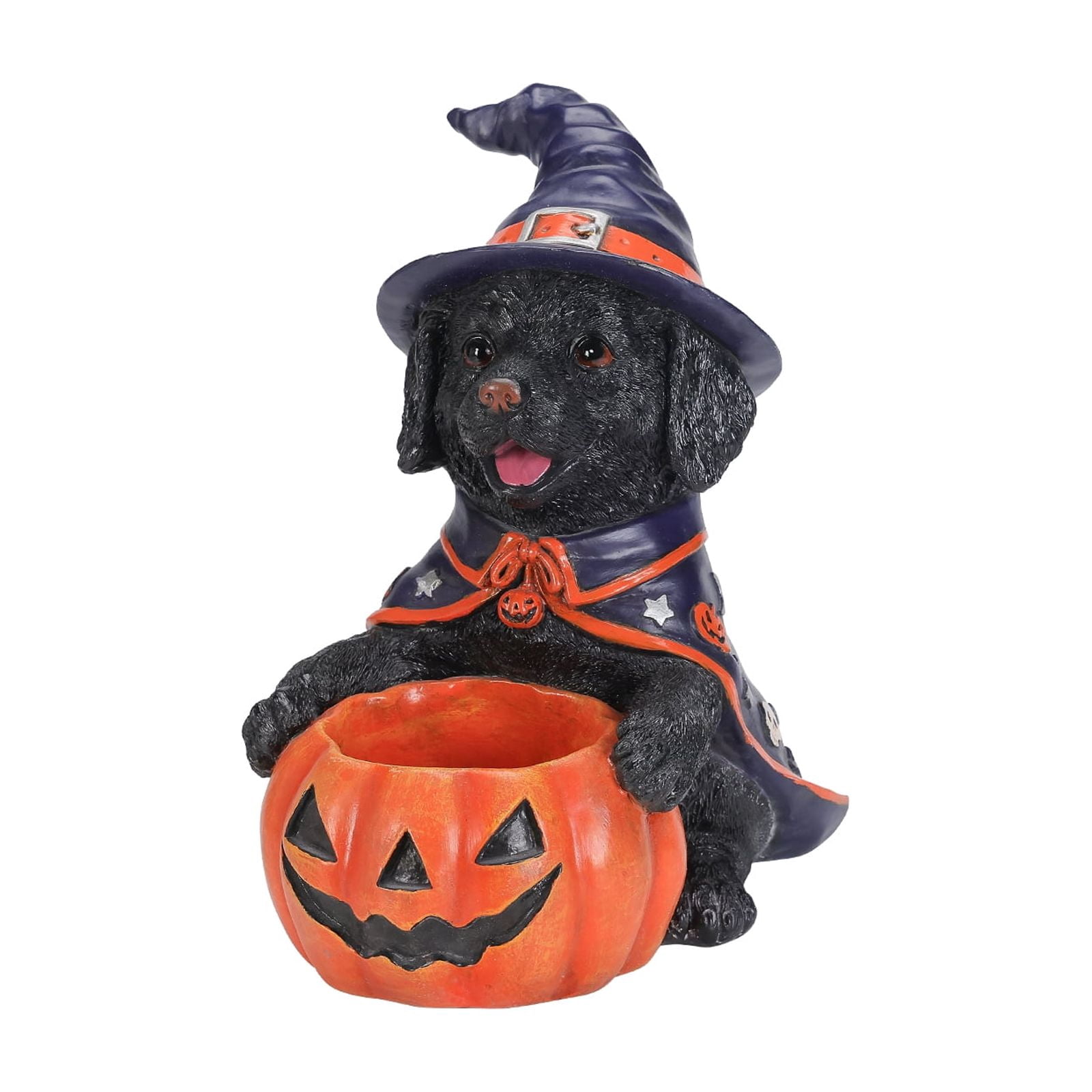 Labrador Puppy Halloween Candy Bowl with Witch Costume Pumpkin Holder Resin Tabletop Decor