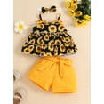 thumbnail image 3 of Bagilaanoe 3pcs Newborn Baby Girl Short Pants Set Sunflower Print Sleeveless Ruffles Tank Tops + Shorts with Belt + Headband 3M 6M 9M 12M 18M 24M Infant Casual Summer Outfits, 3 of 9