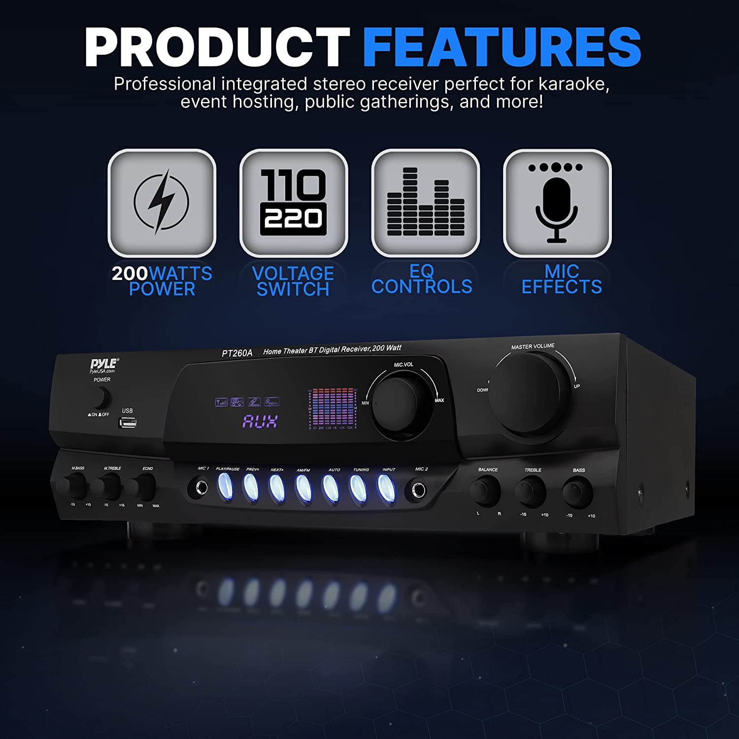 Pyle PT260A 200W 8-Ohm Home Digital AM FM Stereo Receiver Theater Audio, Black
