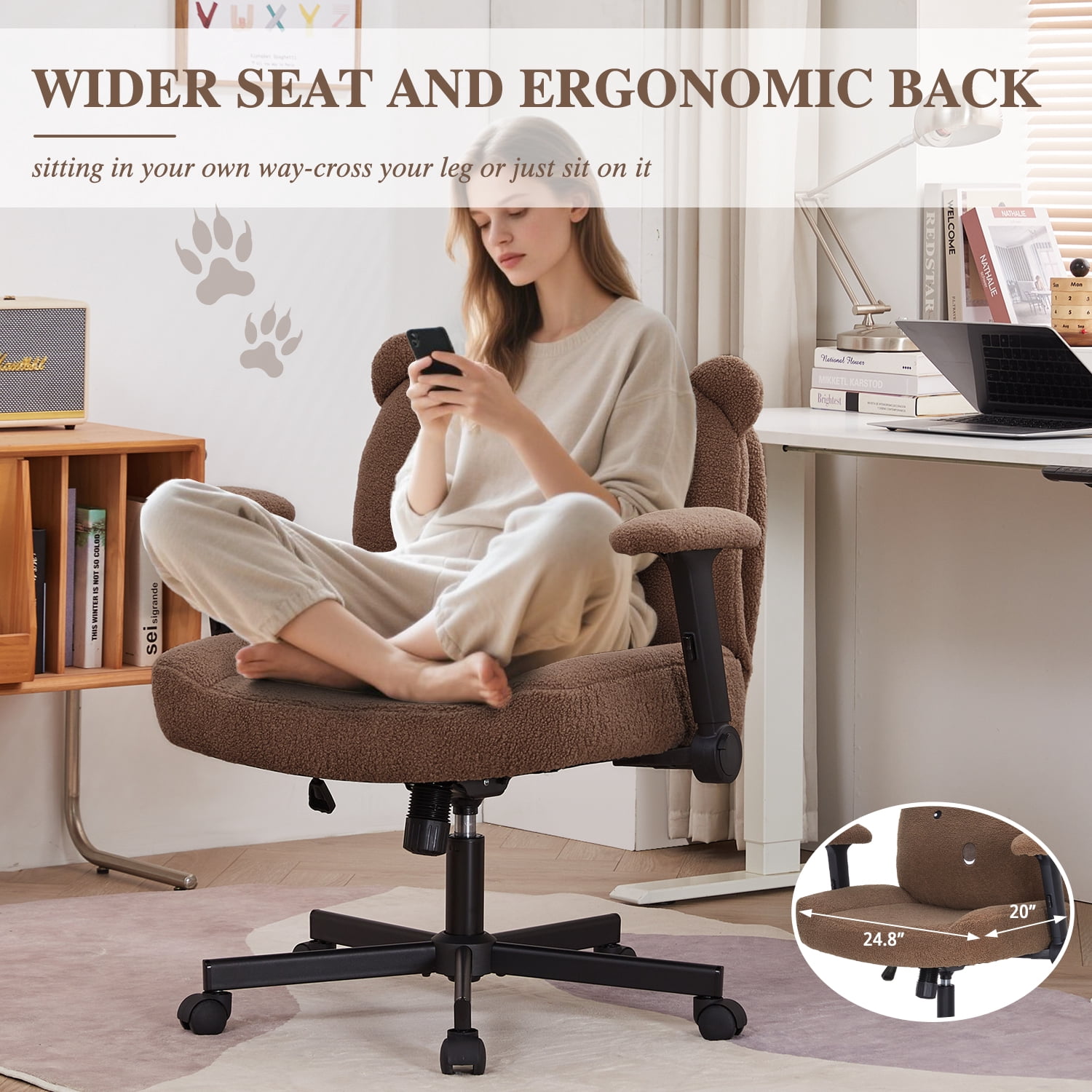 Criss Cross Legged Chair with Wheels and Flip-up Arms, Ergonomic Wide Seat Computer Desk Chair, Comfortable Home Office Computer Chair 300lbs