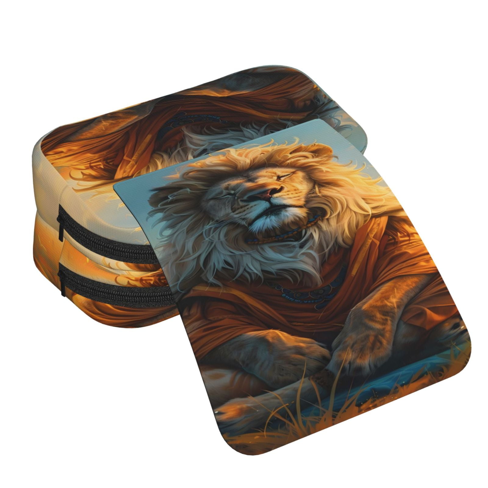 Rateoe Prairie Meditating Lion Pattern Double Clamshell Pen Case, Storage Organizer with Two Zipper Compartments– Holds Up to 50 Pencils & Pens