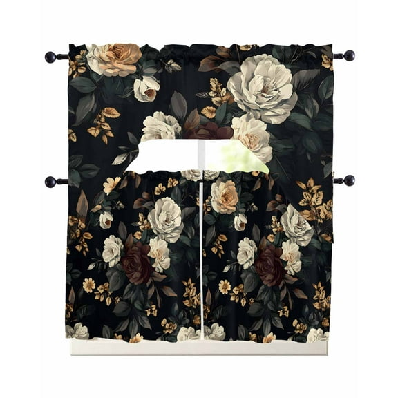 Vintage Black Floral Kitchen Curtains Sets 24 Inch Length with Valance, Spring Seasonal Botanical Blooms Swag Valances and Tiers Curtain Set Drapes Swag Curtains for Living Room, Bathroom, Bedroom