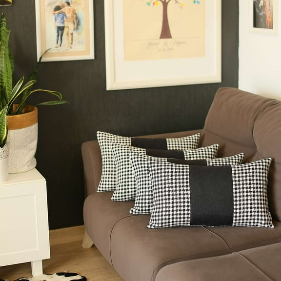 Boho-Chic Set of 4 Handcrafted Decorative Throw Pillow Cover Houndstooth 12" x 20" Black Lumbar Pillowcase for Couch, Bedding