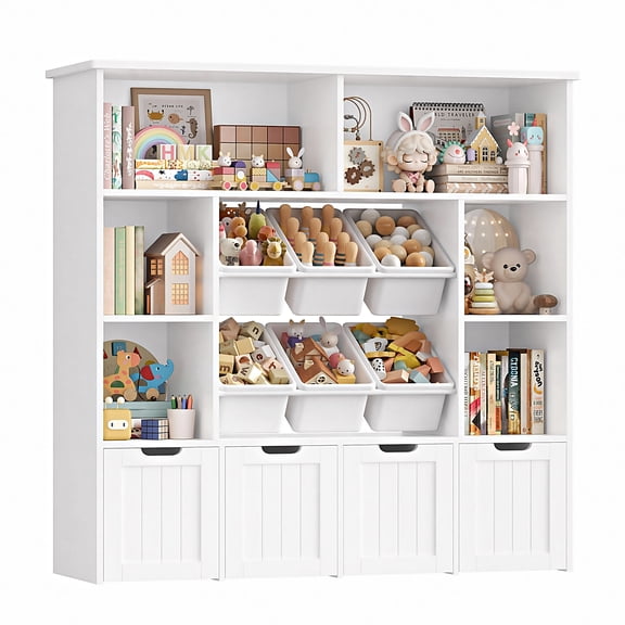 Hiphuta Large 4 Tier Kids Bookcase, Wood Toy Organizer of 6 Boxes & 4 Removable Drawers, Bookshelf for Kids Room Classroom, White
