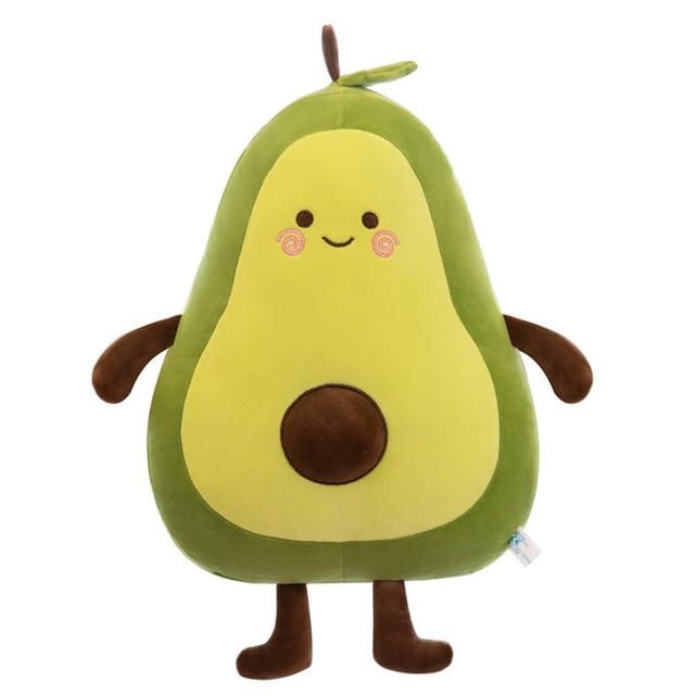 lindo juguete de peluche de aguacate Almohada de aguacate 13 pulgadas, vista frontal centrada de peluche en forma de aguacate con felpa verde y verde claro, cara bordada con ojos y sonrisa y mejillas rosadas, semilla circular marrón cosida, brazos y piernas marrón y pequeña hoja con tallo en la parte superior sobre fondo blanco; cojín de sofá y regalo de cumpleaños para niños y niñas, también adecuado como almohada de viaje o apoyo en escritorio.