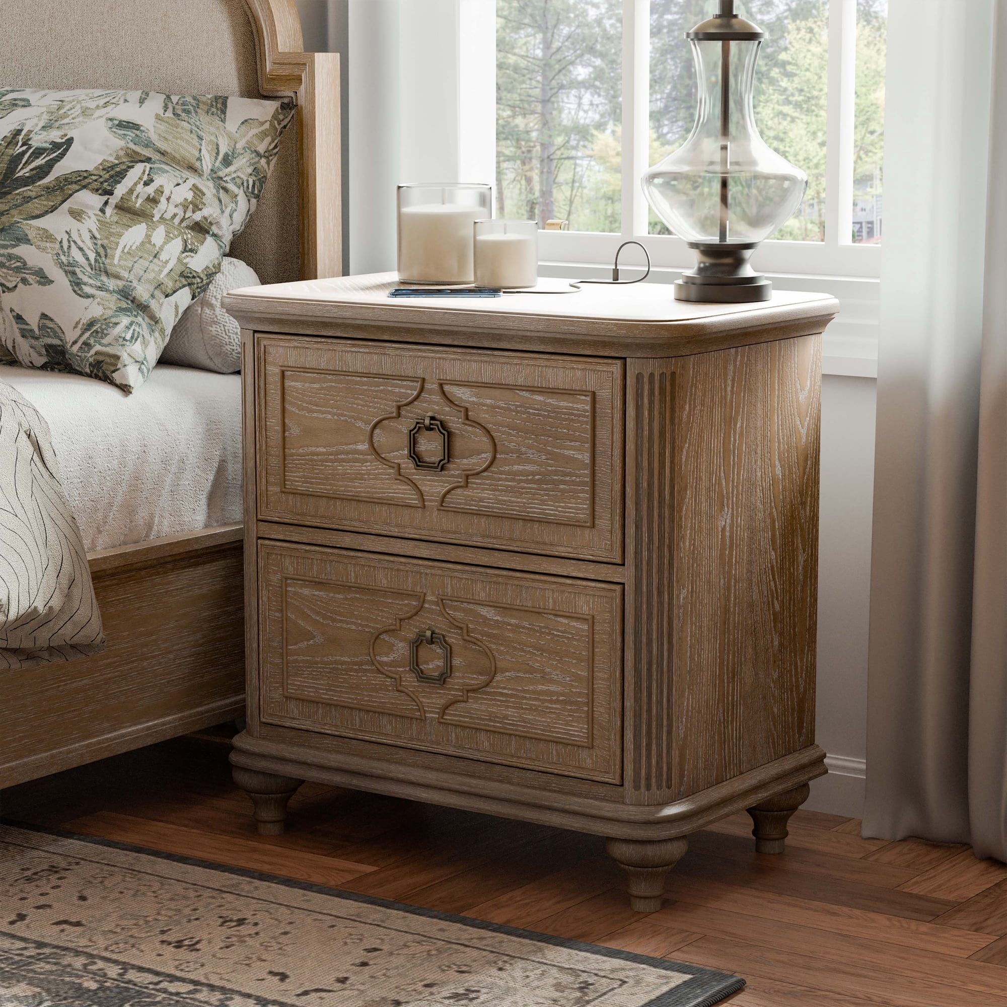 Furniture of America Jares Adult Transitional 2-Drawer Nightstand with USB Port  Rustic Oak