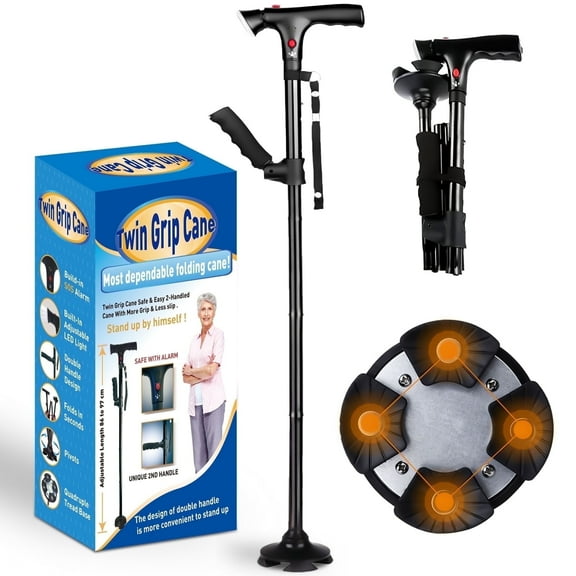 Posrue Walking Canes for Men and Women, Foldable, Adjustable, Aluminum Canes with LED Flashlight, Fall Alarm, Free Standing Cane, Pivot Tip, Heavy Duty Walking Sticks  for Seniors & Adults