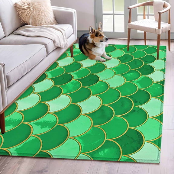 Area Rug for Living Room, Green Fish Scale Non-Slip Indoor Large Carpet for Bedroom/Dining Room, Modern Geometric Ombre Abstract Moroccan Washable Low-Profile Rectangle Floor Runner Rugs - 4 x 6 Ft