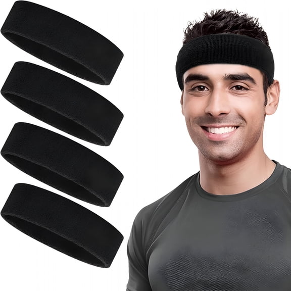 OQRKI Sweatbands Set, Sports Headband for Men & Women, 4 Pcs Cotton Sweat Head Bands, Moisture Wicking Athletic Terry Cloth Sweat Band for Tennis, Basketball, Football, Gymnastics, Working Out