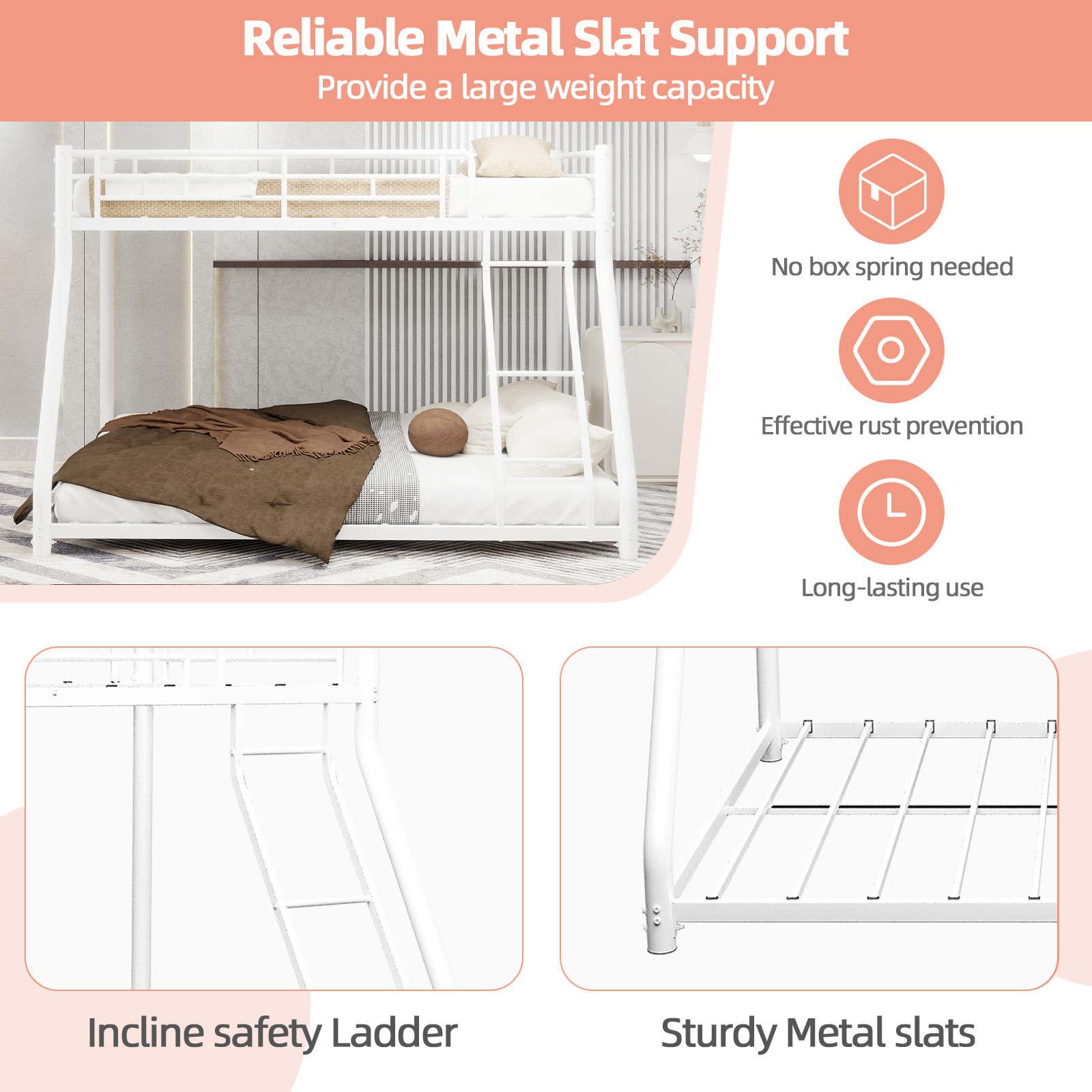 Alvantor Metal Bunk Bed Twin over Full for Kids Teens, Heavy Duty Bunk Bed with Full-Length Guardrail White