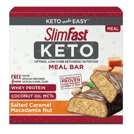 SlimFast Keto Meal Replacement Bar Salted Caramel Macadamia, 1.48 Oz, 5 Count