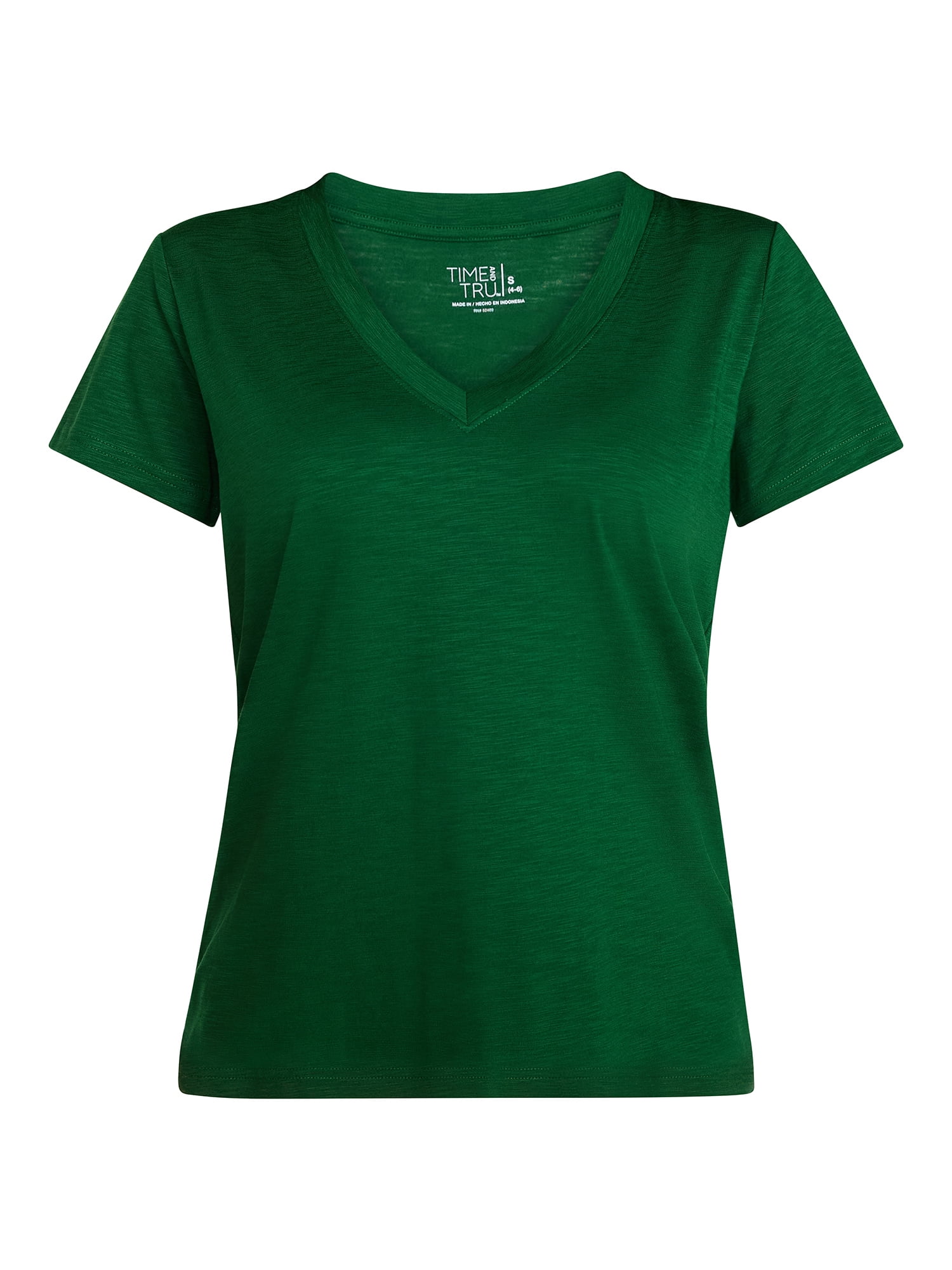 Time and Tru Women's Slub V Neck Tee with Short Sleeves, Sizes XS-XXXL