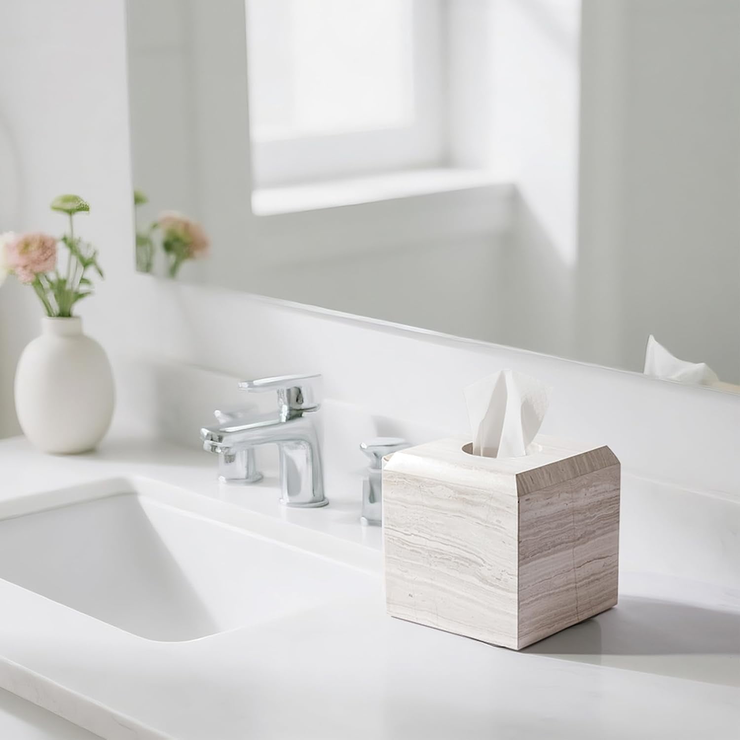 Tissue Box Cover Italy Natural Marble Heavy Duty Square Facial Toilet Paper Holder for Bathroom Living Room Bedroom Dresser Kitchen Minimalistic Office Home Decor Grey (WH078)