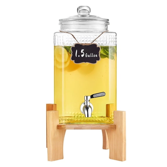1.5 Gallon Drink Dispenser with Spigot, Glass Beverage Dispenser with Stand, Iced Tea Lemonade Juice Water Dispenser for Parties, Restaurants, Hotels