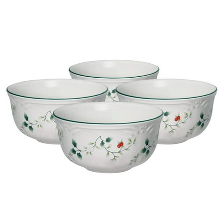 Pfaltzgraff Winterberry 24 oz Deep Bowl Set of 4 White with Green and Red Accents