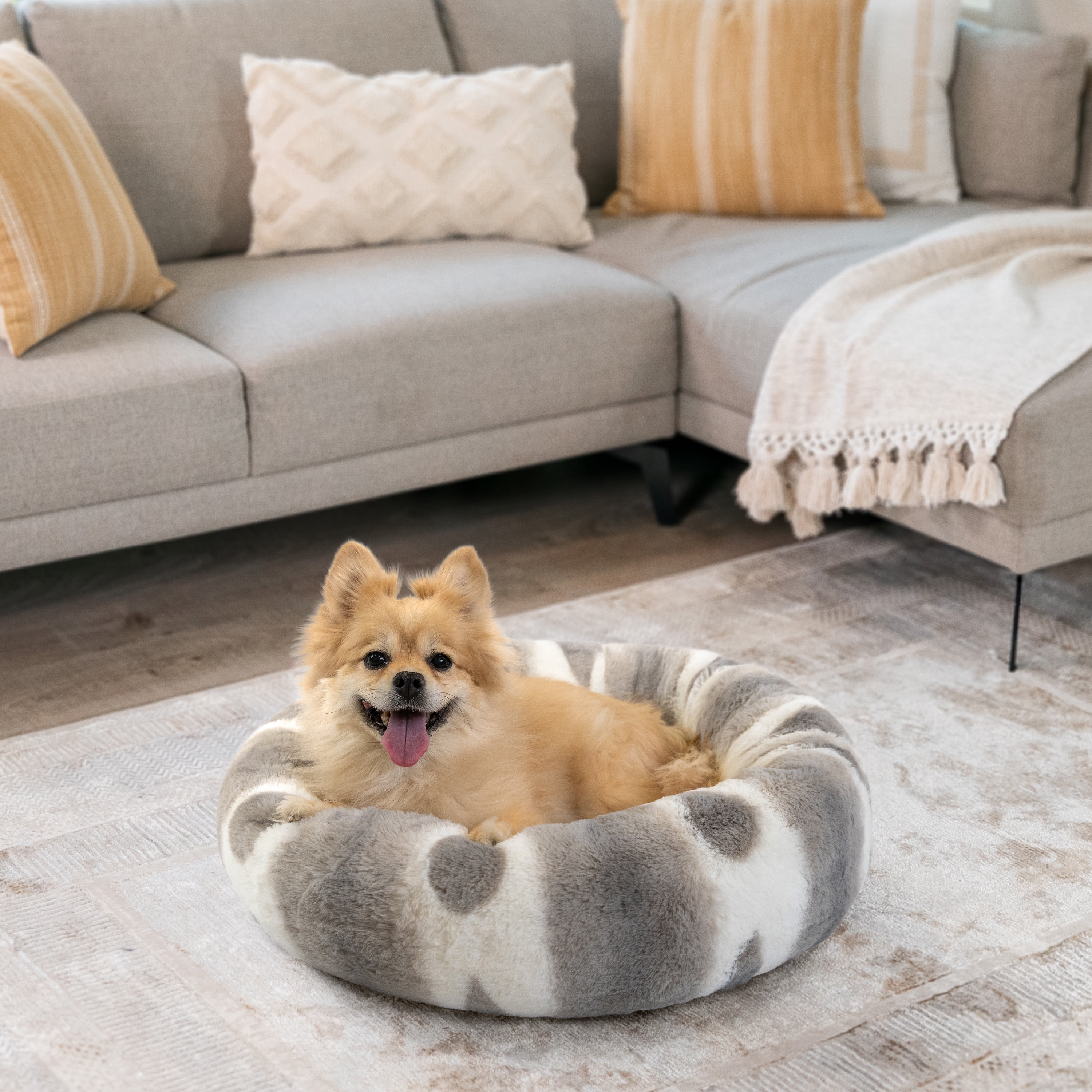 Best Friends by Sheri Patterned Lux Faux Fur Calming Donut Dog Bed, Gray, Small, 23x23