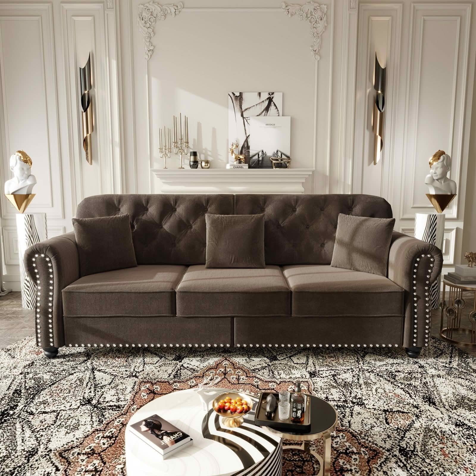 MAYEERTY 82.6 Inch Velvet Chesterfield 3‑Seater Sofa Set, Mid‑Century Modern Couch with Button Tufting, Nailhead Trim, Rolled Armrests, 3 Pillows and Ottoman for Home Living Room