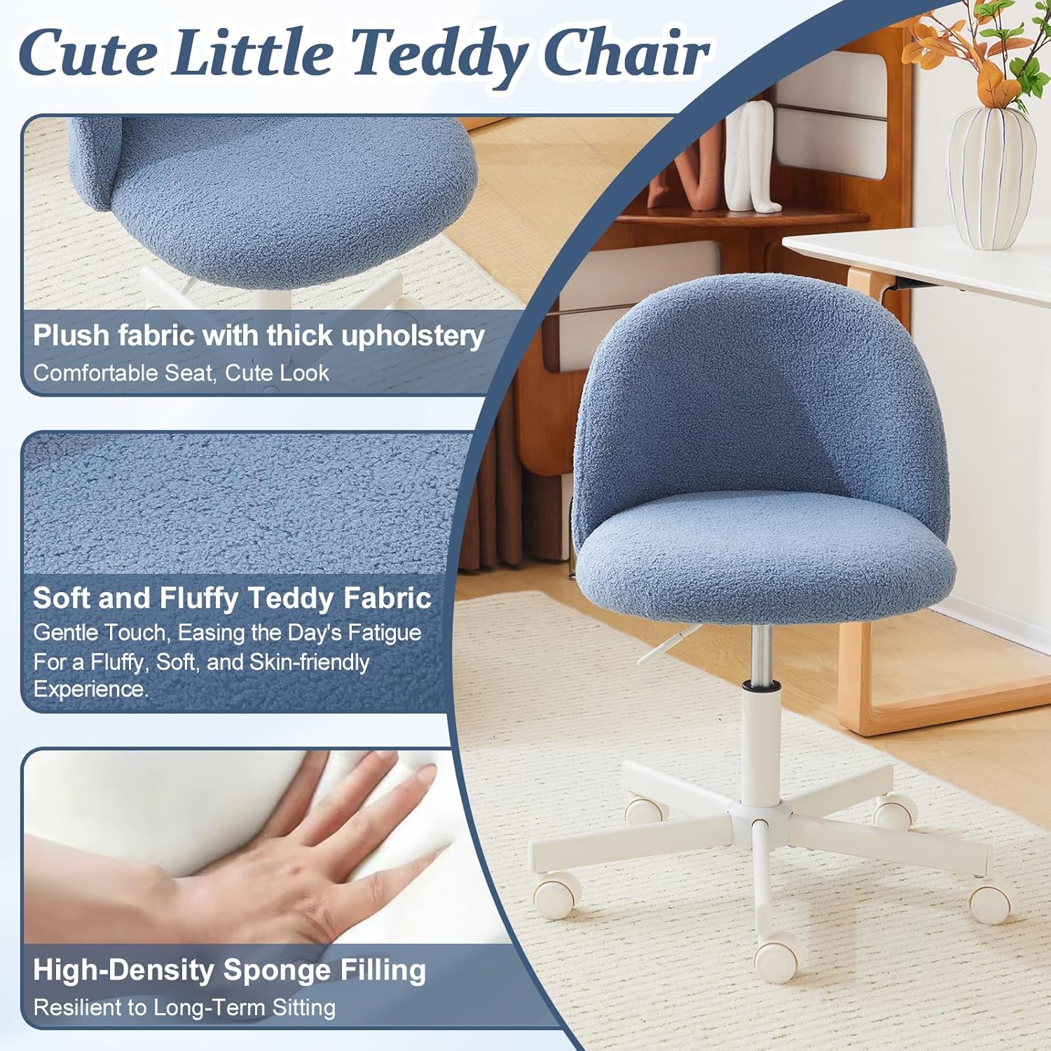 Matladin Modern Vanity Chair with Back, Silent Wheels, Velvet Desk Chair for Girls, Small Office Chair, Stylish and Comfortable