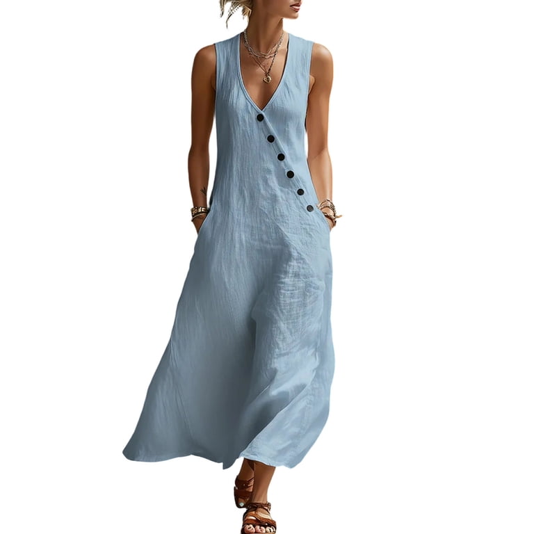 Gamivast Dresses for Women Sleeveless V Neck Loose Fit Flowy Maxi Dress  Solid Asymmetrical Button Detail Pockets Comfy Casual Beach Vacation Summer  Dresses - Walmart.com