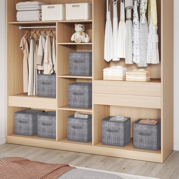 LEDREM Set of 10 Foldable Fabric Storage Cubes, 10.2 Inch Closet Organizer Bins with Handles for Shelves, Cattail Gray