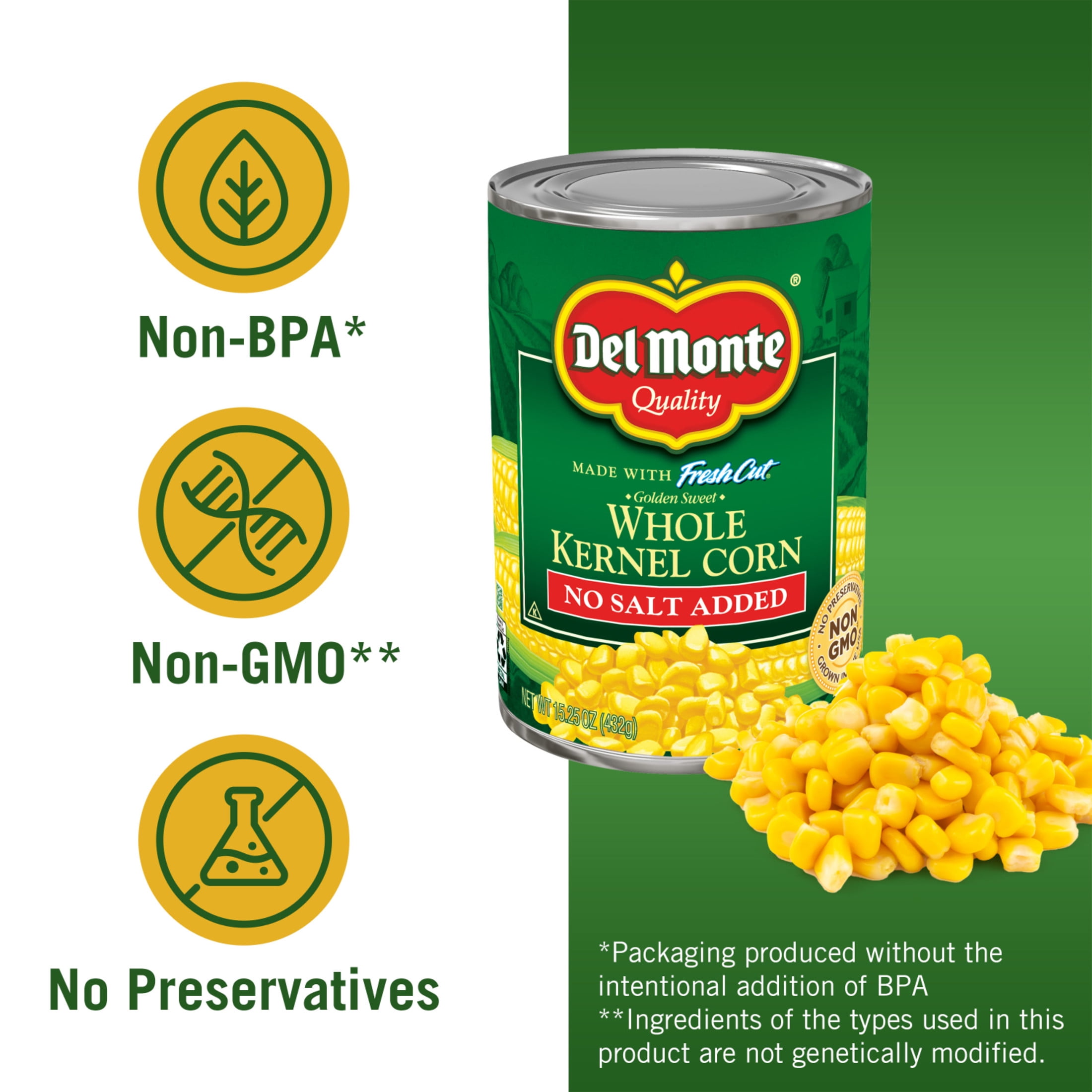 (24 pack) Del Monte No Salt Added Golden Sweet Whole Kernel Corn, 15.25 oz Can, Canned Vegetables