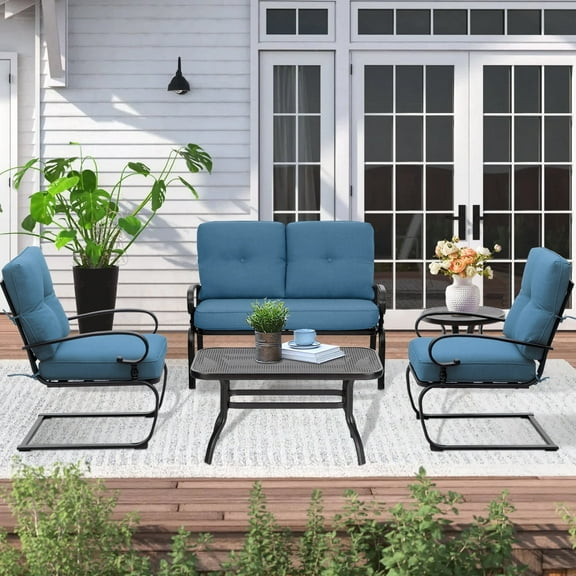 SUNCROWN 5-Piece Patio Furniture Conversation Sets with Wrought Iron Loveseat and Spring Chairs（Peacock Blue）