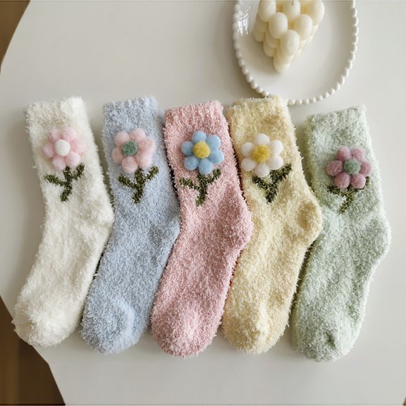 CNEJRHG 1Pair Womens Fluffy Thermal Socks Flower Non Slip Home Socks for Women Men Ankle Fuzzy Socks Thick Warm Slipper Socks Mid Calf Coral Velvet Floor Socks Beige