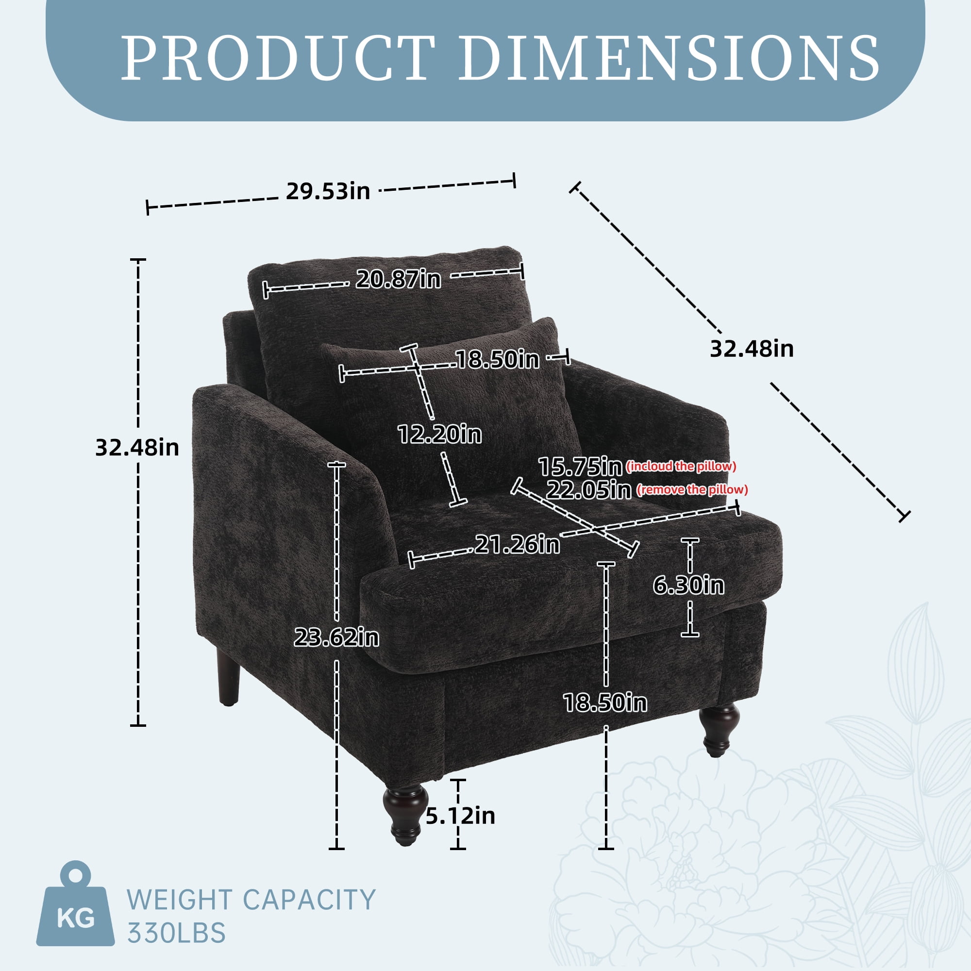 MOONMISS Chenille Upholstered Mid Century Modern Wood Frame Armchair-BLACK