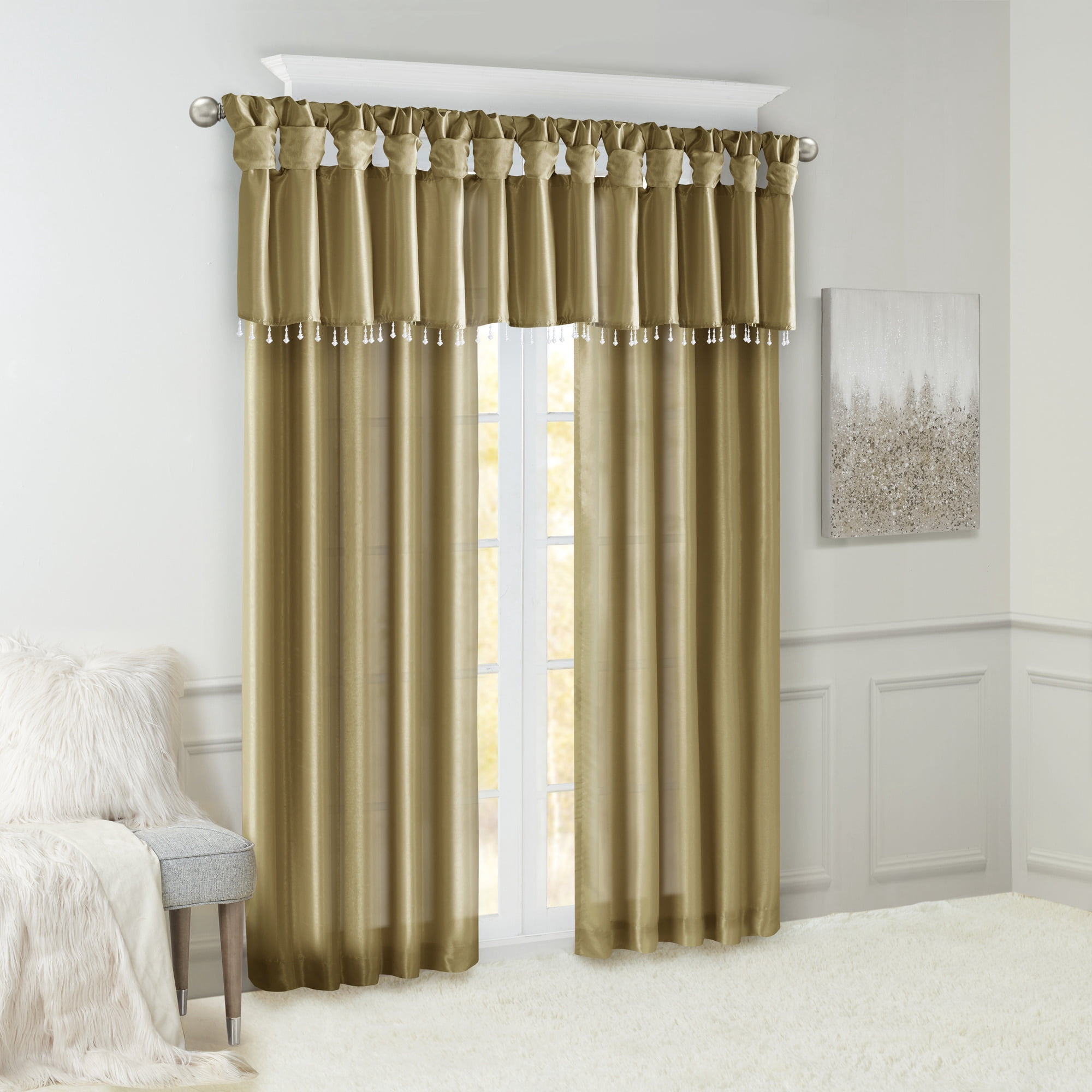 MAYEERTY 50x26" Lightweight Faux Silk Valance - With Beads, Bronze