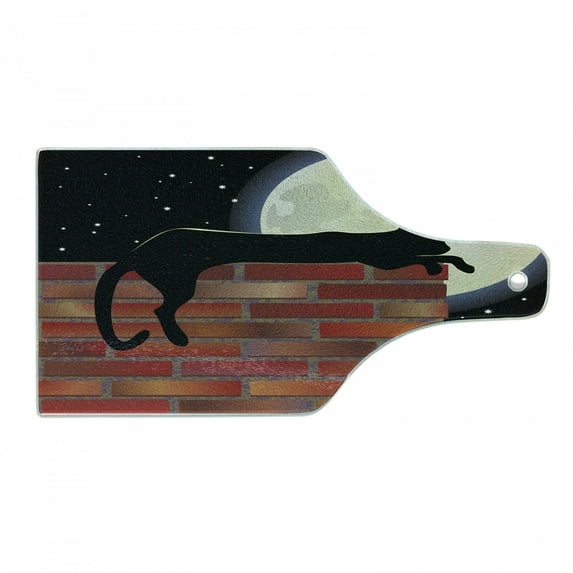 Moon Cutting Board, Cat Silhouette Resting on a Brick Wall in a Starry Night Full Moon Imagery, Tempered Glass Cutting and Serving Board, Wine Bottle Shape, Black Ivory Vermilion, by Ambesonne
