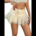 thumbnail image 3 of Women's Mini Skirt Mesh Flowy Hem Y2K Skirts Multi-Layer Ruffle Trim Skort Champagne M, 3 of 9