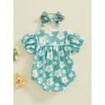 thumbnail image 5 of Musuos Newborn Girl Summer Outfit, 0-18Months Short Sleeve Crewneck Flower Print Bodysuit with Bowknot Headband 3PCS Clothes Set, 5 of 9