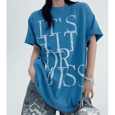 Washed Distressed Letter Print Short Sleeve Oversized T-Shirt, Women's