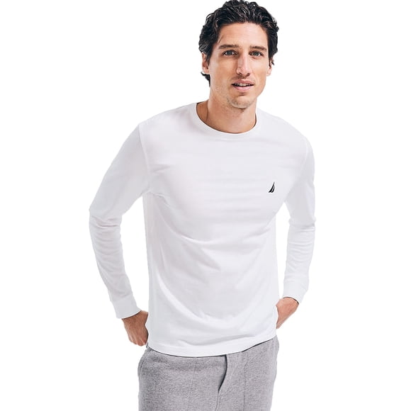 Nautica T-Shirt à Manches Longues Uni à Col Ras du Cou pour Homme, Blanc Éclatant, Petit