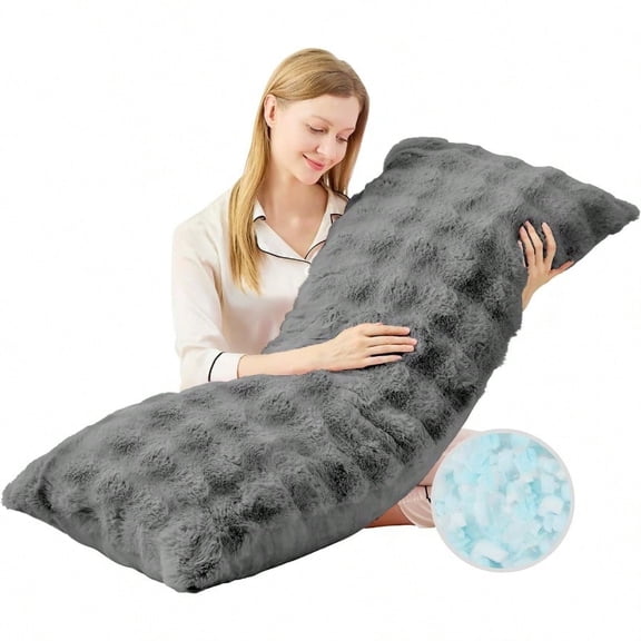 Faux Fur Fluffy Body Pillow for Adults - Firm Body Pillow Insert with Shredded Blue Memory Foam Adjustable Height Soft port for Side Sleepers Pregnant Women Washable 20x54 Inch Grey