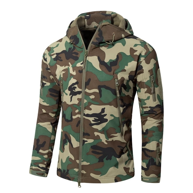 Chaqueta táctica de camuflaje con capucha para hombre, para otoño e invierno, para exteriores, estilo militar, softshell, forro polar, impermeable, resistente al viento, cálida, para caza y sende