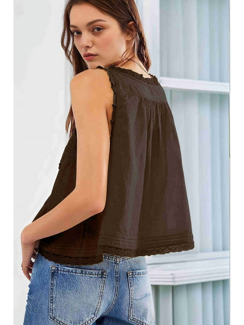 Women's Summer Beach Sleeveless Tie-Front Crop Top in Lace and