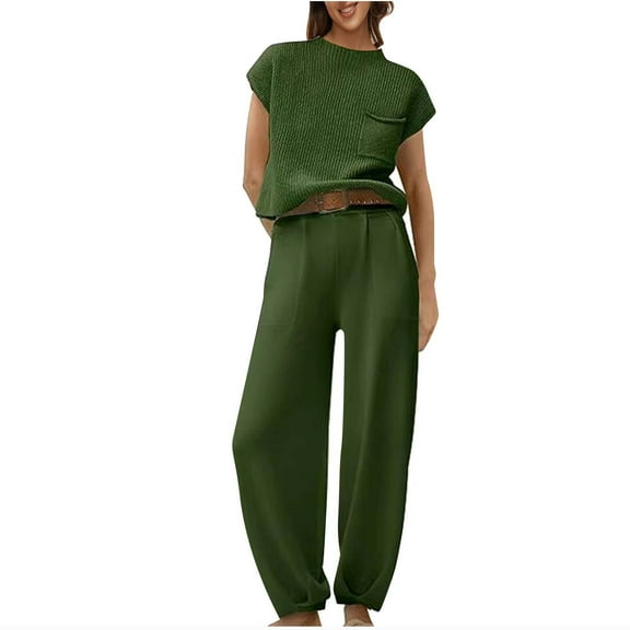 Scyoekwg Two Piece Outfits For Women Solid Color Short Sleeved Round Neck Top Casual Wide Legs Pants Set (Green,M)