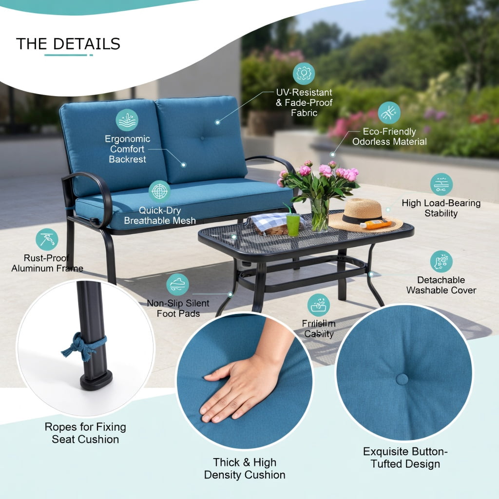 Hommoo 2-Piece Outdoor Patio Furniture Set, Cushioned Steel Loveseat & Coffee Table in Weather-Resistant, Easy-Clean Olefin Fabric, Navy