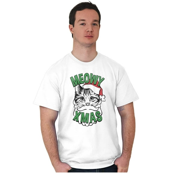 Cute Meowy Xmas Funny Santa Cat Pun Men's Graphic T Shirt Tees Brisco Brands S