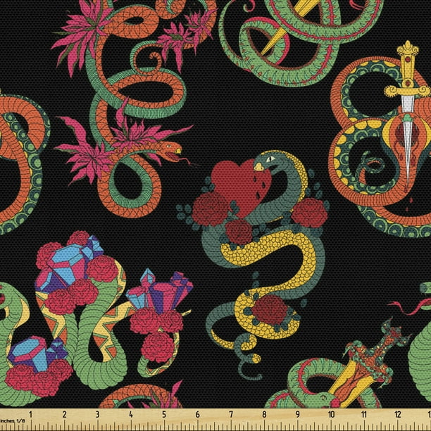 Dragon Upholstery Fabric by the Yard Colorful Flowers and Snakes